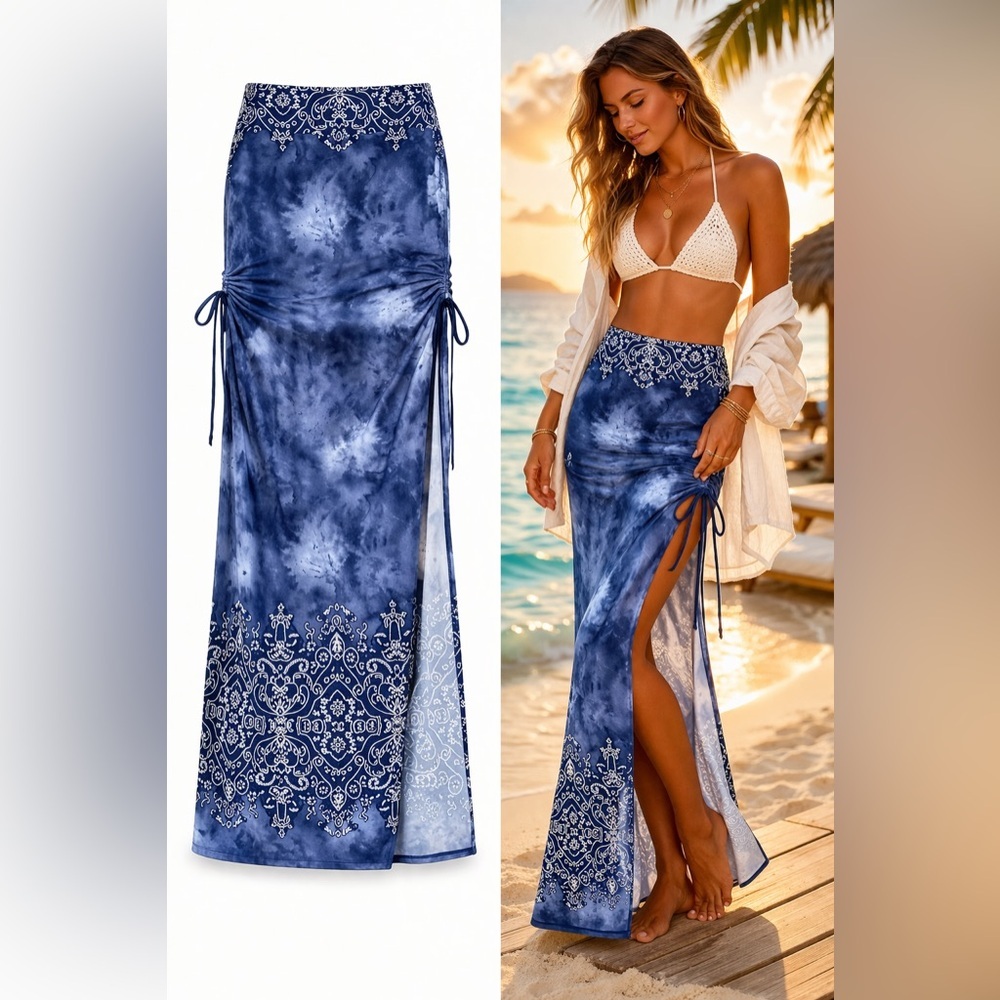 VENUS Blue Strapless Tie-Dye Maxi Dress with Border Print - Picture 8 of 8